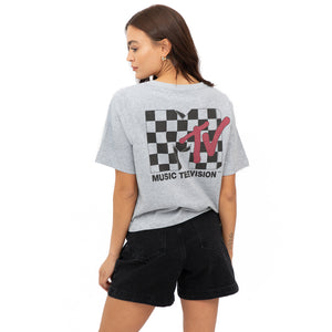 MTV Ladies - Check Print Logo - Boxy Cropped T-Shirt - Heather Grey